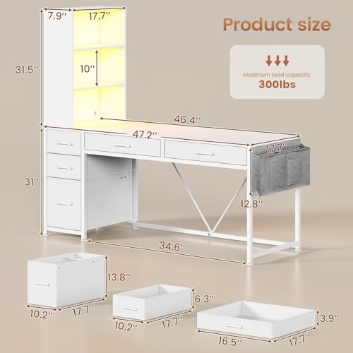 SEDETA Computer Desk with 5 Drawers and Bookshelf, Reversible Home Office Desk with Storage Shelves and File Drawer, Gaming Desk with LED Lights for Small Spaces, White - color: White