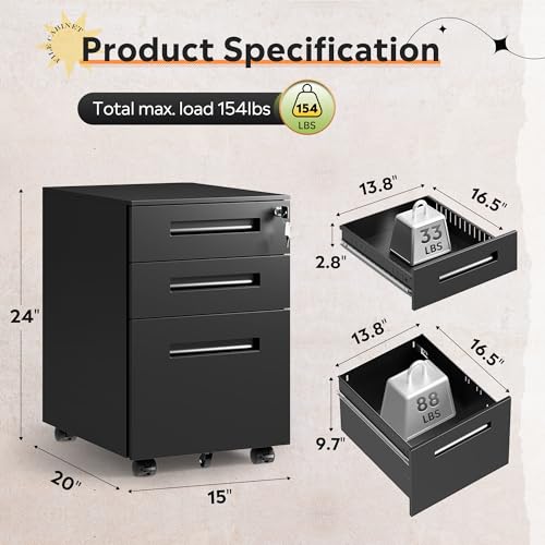 DEVAISE 3 Drawer Mobile File Cabinet, Fully Assembled Except Casters | Metal Filing Cabinet with Lock Under Desk for Home Office, Printer Stand fits A4/Letter/Legal Size, Black - color: Black, size: Thickened Steel 20" D x 15" W x 24" H