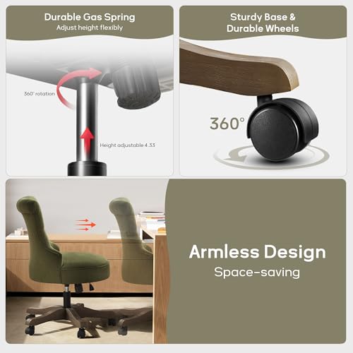 HUIMO Home Office Chair Upholstered Armless Swivel Desk Chair with Wheels | Adjustable Height Computer Desk Chair with Wooden Legs linen Comfortable Swivel Chairs for Farmhouse Study Studio Green - color: Green