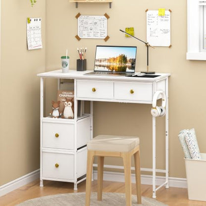3IngSeagulls Small Computer Desk with 4 Fabric Drawers, Simple Writing Desk for Home Office, Compact Study Desks for Small Spaces, Kids Desk Study for Bedroom, White - color: White