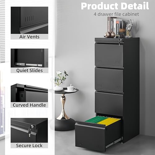 Approgreent Vertical 4 Drawer File Cabient with Lock, Metal Filing Cabinets for Home Office, Heavty Duty Office Storage Cabinet for A4/Letter/Legal (Matte Black) - color: 15-i Black
