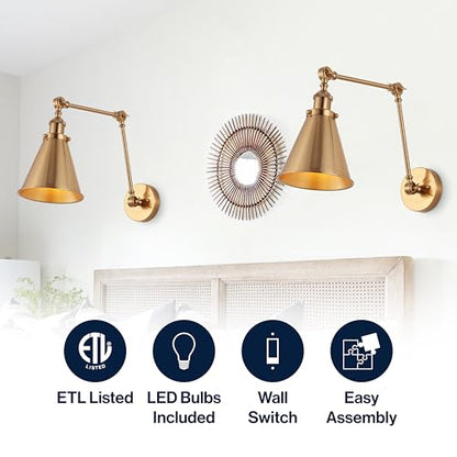JONATHAN Y Rover 1-Light Wall Sconce 7", Brass Gold, Set of 2 | Adjustable Arm, Hardwired Bedside Reading Swing Arm, Farmhouse Cone Shade, Metal Hardwired Indoor Fixture, LED Bulbs Included - color: Brass Gold, size: Set of 2