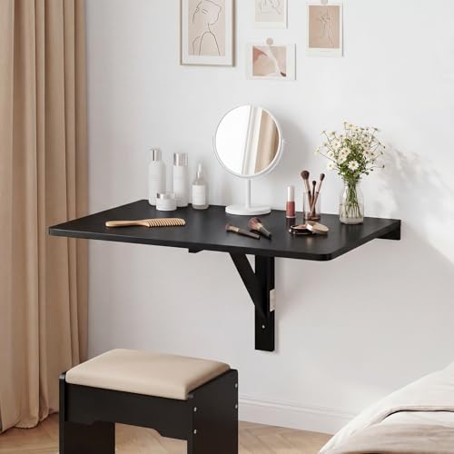 GIANTEX Wall-Mounted Folding Desk, Wooden Floating Laptop Table with Drop Leaf Design, Space-Saving Foldable Wall Desk for Study, Bedroom, Living Room, Laundry (Black) - color: Black