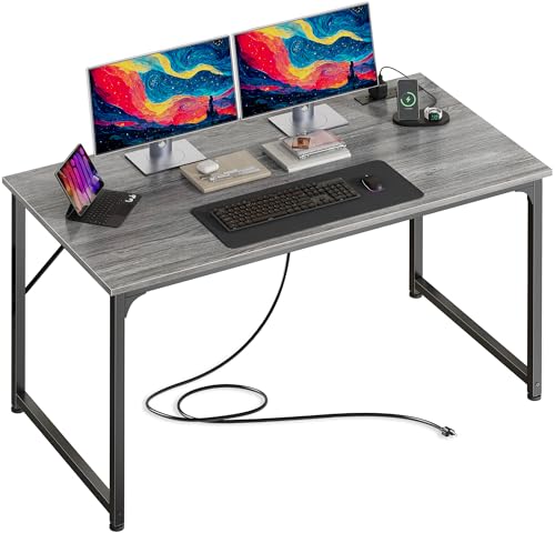 47 X 24 Inch Deeper Desk with Power Outlets | Computer Desk for Bedroom, Office Desk for Work from Home, Writing Study Gaming Table, Stable Metal Frame, Grey - color: Grey, size: 47.2*23.6 inch