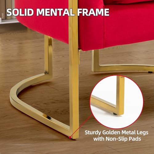 Velvet Accent Barrel Chairs Set of 2, Modern Arm Club Chair Set with Pillow for Living Room/Bedroom/Guest Reception, Channel Tufted, Gold Finish Base, Red - color: Red, size: 2 PCS