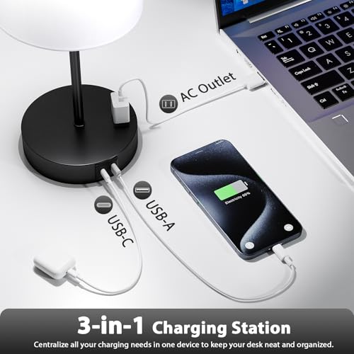White Black Touch Lamps for Bedroom Set of 2, Dimmable, USB C+A, AC Outlet | Large 17.6" Tall Lamp, 3-Way Dimming, 5000K Daylight Bulbs, White Lampshade Black Base, for Living Room, Boys, Men, Girls - color: White - Black