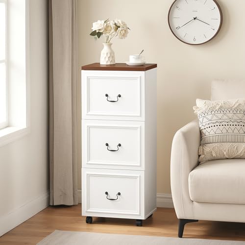 MAHANCRIS 3 Drawer File Cabinet, Rolling File Cabinet for Home Office, Wooden Under Desk Storage, Printer Stand with Drawers, for A4/Letter-Size Files, White and Walnut FCBA3901 - size: 3 Drawer