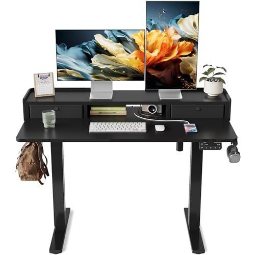 YIHAYO Electric Standing Desk with Drawers, 48 x 24 Inches Adjustable Desk with Storage Shelf, Stand Up Desk with Splice Board, Computer Table for Home Office, Black Frame/Black Top - color: Black Frame/Black Top, size: 48*24 Inch
