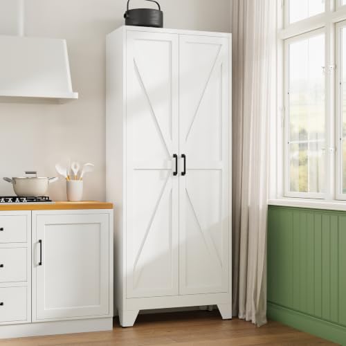 Letaya 75" H Metal Storage Cabinet with 2 Doors and 4 Shelves,Tall Kitchen Pantry Cabinets,Farmhouse Utility Pantry Organizers for Cupboard/Dining/Bathroom/Home Office/Garage,White - color: White, size: 16" D x 32" W x 75" H