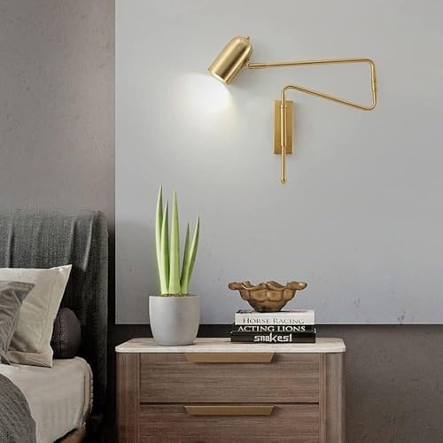 Modern Industrial Swing Arm Wall Sconce Black and Gold Metal Adjustable Long Arm Fixture Wall Mounted Lamp for Bedroom Bedside Reading Living Room Task Light Oldsix-66(Gold) - color: Gold