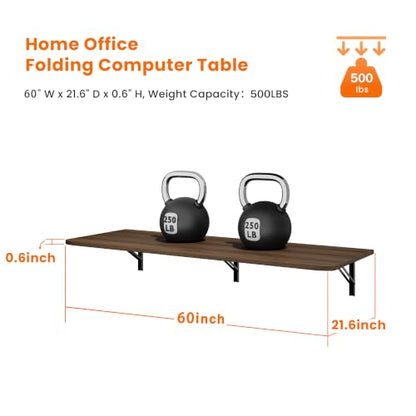 IAE Wall Mount Folding Desk,Floating Computer Desk for Small Spaces,Walnut | 60x22in engineered wood desktop with metal brackets, folds flat to save space in home office, apartment and laundry room - color: Walnut, size: 60"*22"