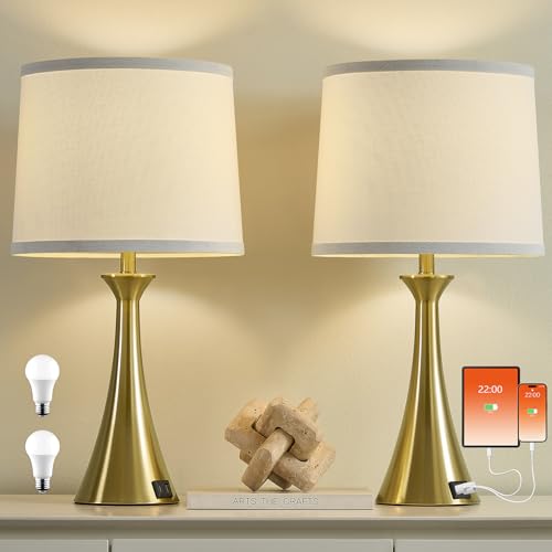 Touch Table Lamps Set of 2, 21" Bedside Lamps with USB C+A | 3 Way Dimmable Nightstand Lamps with Linen Shades, 2 LED Bulbs Included, Touch Lamp for Living Room, Bedroom and End Tables - color: Gold & White Shade
