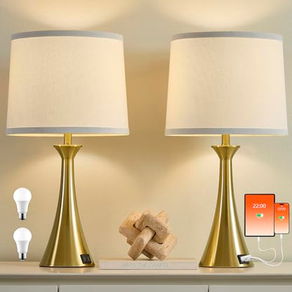 Touch Table Lamps Set of 2, 21" Bedside Lamps with USB C+A | 3 Way Dimmable Nightstand Lamps with Linen Shades, 2 LED Bulbs Included, Touch Lamp for Living Room, Bedroom and End Tables - color: Gold & White Shade