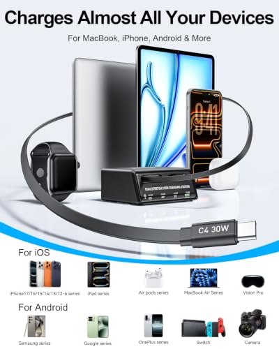 Retractable Charger, 6-in-1 210W GaN USB C Charging Station for Multiple Devices, Dual 2.3ft Built-in Retractable Cables, PD 45W Fast Usbc Desktop Charger for iPhone 17/16/15, Galaxy S26, and More