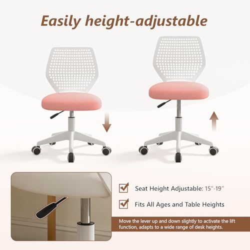 Small Office Chair with Wheels, Armless Desk Chair Height Adjustable Swivel Rolling Task Chair Breathable Mesh Ergonomic Computer Work Chair for Adult, Pink