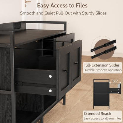 Filing Cabinet for Home Office, 43" Wood File Cabinet with Power Outlet, 2 Drawers, 2 Open Storage Shelves, Black Lateral File Storage Fits Legal/Letter/A4 Size, Printer Stand with Bookshelf Organizer