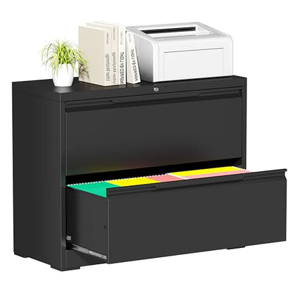 Bestoo 2 Drawer File Cabinet, Metal Lateral Filing Cabinet with Lock - color: Black, size: 2 Drawer 15.7" D x 35.4" W x 28" H