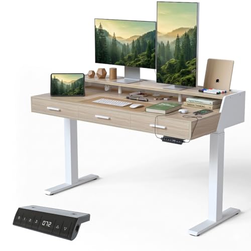 CubiCubi Standing Desk 55x26 Inches with 3 Wood Drawers and Monitor Shelf, Ergonomic Rising Home Office Desks, Height Adjustable Computer Desk, Sit Stand Up Electric Workstation Table, Pale Walnut - color: Pale Walnut, size: 55" x 26"