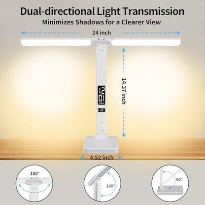 LED Desk Lamp with Charger, USB Charging Port, Dual Swing Arm Desk Light with 5 Brightness, 3 Colors, Table Lamp with Clock, Alarm, Date, Temperature, Desk Lamp for Home Office Study (White) - color: Dual-Head White