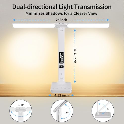 LED Desk Lamp with Charger, USB Charging Port, Dual Swing Arm Desk Light with 5 Brightness, 3 Colors, Table Lamp with Clock, Alarm, Date, Temperature, Desk Lamp for Home Office Study (White) - color: Dual-Head White