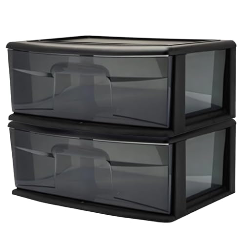 HOMZ 2-Pack 1-Drawer Storage Cart, Plastic Container with Smoke Tint, 15" Wide Body, Black Frame - Organizing Drawer Containers for Home, Bathroom, Bedroom, Office, and Classroom - color: Black frame with smoke tint drawers, size: 15 inches