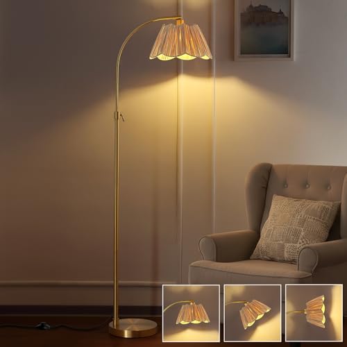 64'' Adjustable Arc Floor Lamp with Natural Rattan Woven Shade - color: Gold