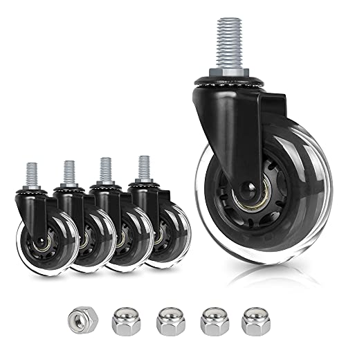 8T8 3" Office Chair Caster Wheels Heavy Duty, Set of 5, 3/8"-16x1 (Not Metric M10), Threaded Stem Casters with Nylon Nuts, Replacement PU Rubber Wheels, Safe for Hardwood Tile Floors - style: Nylon Nuts