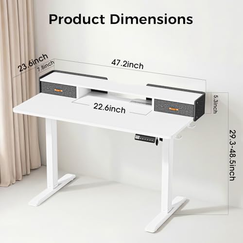 Electric Standing Desk with Drawers, 48 Inch Height Adjustable Desk with Power Outlets & LED Lights, Sit Stand Table with Monitor Stand for Home, Office, White - color: White, size: 48×24 Inch Rectangular with Drawers