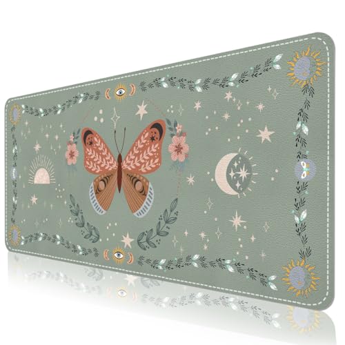 DINKY Leather Desk Pad, Green Butterfly Laptop Computer Desk Keyboard Mat, Table Protector Blotter Mat, Non-Slip Large Mouse Pad for Office/Work/Home 35.4" x 15.7" - color: Green Butterfly