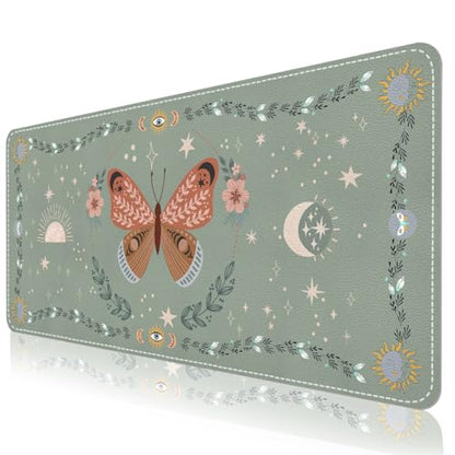 DINKY Leather Desk Pad, Green Butterfly Laptop Computer Desk Keyboard Mat, Table Protector Blotter Mat, Non-Slip Large Mouse Pad for Office/Work/Home 35.4" x 15.7" - color: Green Butterfly