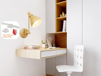 GOODATE 1 Pack Plug in Wall Sconce with Remote Control, Dimming, Adjustable Colors 2700K-6500K, Plug in Wall Light, Swing Arm Wall Lamp with Night Light & Timer, LED Bulb Included, Oak Finish - size: Oak-1 PACK(Bulb+Remote)