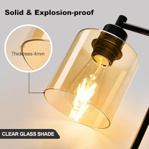 Set of 2 Industrial Touch Control Table Lamps with 2 USB Ports and AC Outlet - 3-Way Dimmable Black Bedside Lamp Nightstand Desk Lamps for Bedroom Living Room, Amber Glass Shade & 2 LED Bulbs Included - color: Black(2 pack)-Amber Glass-Touch Control