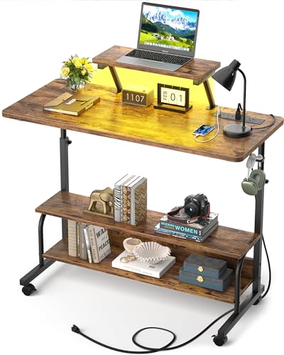 Height Adjustable Standing Desk with Power Outlets and LED Lights - 39" Manual Stand Up Desk with Monitor Stand and Storage Shelves Small Mobile Rolling Computer Desk Portable Laptop Table, Rustic - color: Rustic Brown, size: 39''