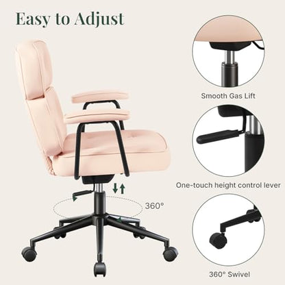 Ergonomic Leather Office Chair, High Back Executive Desk Chair | Comfy Lumbar Support, Padded Arms, Adjustable Height, 360° Swivel Rolling Computer Chairs for Home Office, Pink - color: Pink