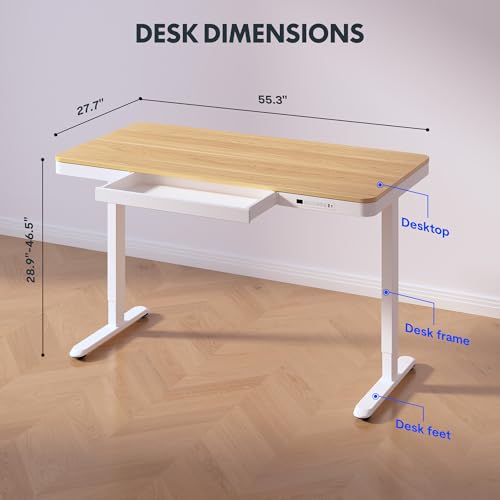 FLEXISPOT Comhar 55" Electric Standing Desk with Drawers, USB Charging Ports, Quick Assembly, Height Adjustable Sit Stand Computer Desk with Child Lock for Scandinavian Home Office, Maple - size: 55"Maple/White