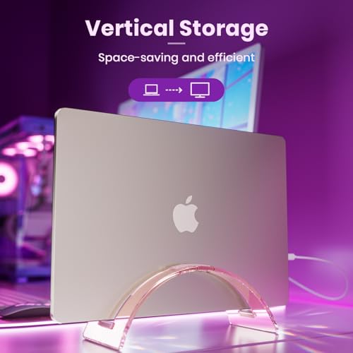 Acrylic Vertical Laptop Stand for Desk,Acrylic Invisible Desktop Notebook Dock,Vertical Laptop Holder Space-Saving Organizer for All MacBook, Surface, Samsung, HP, Dell-Pink… - color: Pink