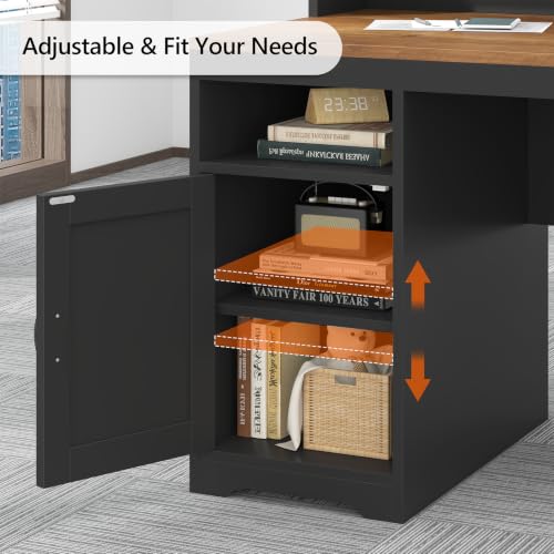 65" Farmhouse Computer Desk with Drawers and Printer Stand for Home Office - color: Brown and Black
