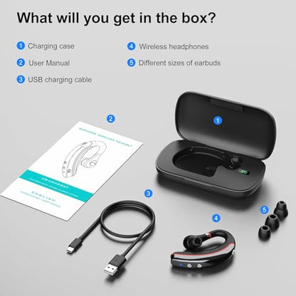 SneKa Bluetooth Headset, Wireless Bluetooth Earpiece with 500mAh Charging Case, 72-Hour Talk Time, and for iOS/Android Phones, V5.3 Hand-Free Headphones for Trucker, Office,Business