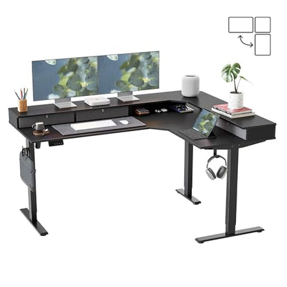 FEZIBO L Shaped Electric Standing Desk, 63 x48 inch Large with Drawers | Reversible Tabletop, 2 Memory Height Settings | Home Office & Gaming Height-Adjustable Table, Black Top/Black Frame（2 packages） - color: Black, size: 63"x48"