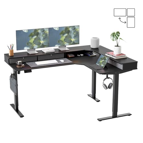 FEZIBO L Shaped Electric Standing Desk, 63 x48 inch Large with Drawers | Reversible Tabletop, 2 Memory Height Settings | Home Office & Gaming Height-Adjustable Table, Black Top/Black Frame（2 packages） - color: Black, size: 63"x48"
