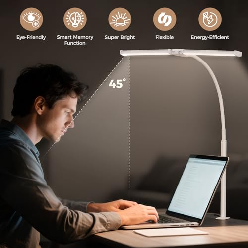 Voncerus LED Desk Lamp for Home Office, Double Head Desk Light with Clamp - color: White Pro