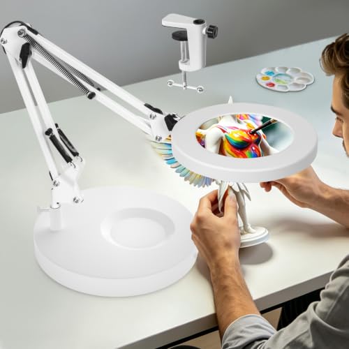 KIRKAS Magnifying Glass with Light and Stand, 12X 9.06in Clamp & Base | Magnifier Adjustable Color Dimmable for Craft Hobby Repair Sewing Beading Close Work, LED Lighted Desk Lamp Swivel Arm Black - color: White, size: 12X-9.06in 2-in-1