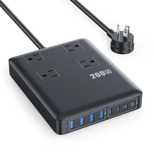 200W Charging Station,12-in-1 USB C Power Strip with Flat Plug and 5ft Extension Cord,4 AC Outlets,4 USB-A,4 USB-C Ports for iPhone 17/16/15,65W PD Fast Laptop Charger for MacBook, Home, Office, Dorm - color: A-Black