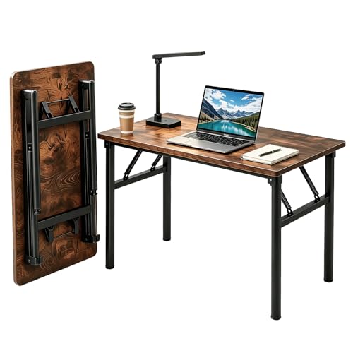 Small Folding Computer Desk - 39.4 Inch Foldable Small Spaces Compact Desk,No Assembly,Bedroom, Dorm and Apartment,Portable Study for Home Office Table - color: Frame：black/Board：rustic Brown, size: 39.4“*19.7”
