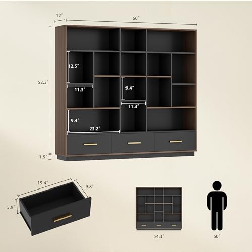 ModernMate 60" Wide Bookshelf with 3 Drawers & 16 Open Display Storage - color: Black Walnut