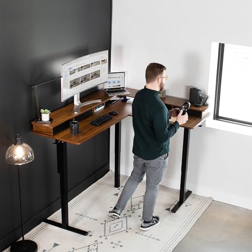 VIVO Corner Standing Desk - color: Dark Walnut Top / Black Frame, size: 63" x 55"