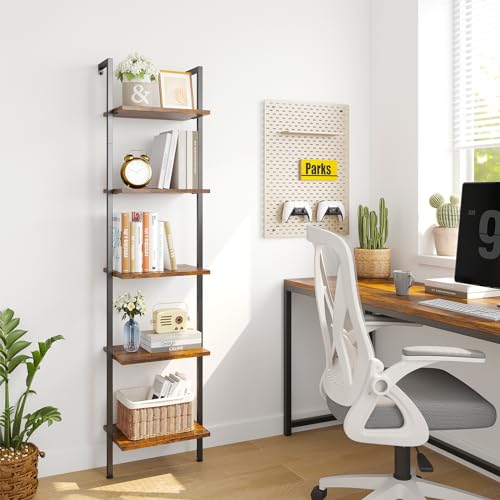 ELYKEN Ladder Shelf, 5-Tier Wood Wall Mounted Ladder Bookshelf | Leaning Storage Shelves with Metal Frame, Vintage Open Display Organizer Rack for Living Room, Bedroom, Home, Rustic Brown - color: Rustic Brown