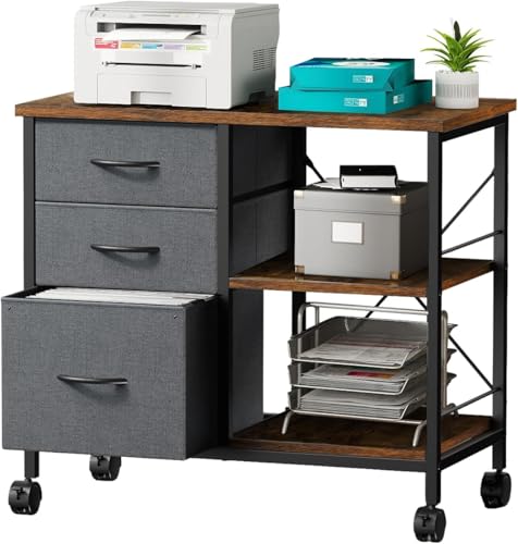 Healsmart Heavy Duty Mobile File Cabinet with 3 Fabric Drawers, Rolling Printer Stand with Back Support & Open Shelf, Multifunctional Storage Organizer for Home Office, Rustic Brown - color: Brown, style: Modern