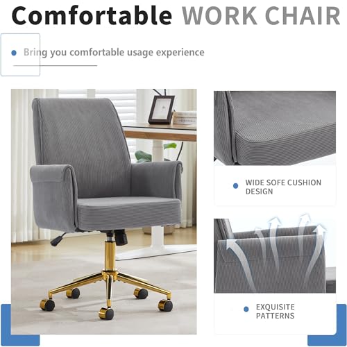 YITAI Stripes Velvet 360°Swivel Desk Chair, Modern Height Adjustable Home Office Armchair with Gold Base and Wheels for Vanity, Comfy Computer Chair for Study Living Room Bedroom（Gray） - color: Grey