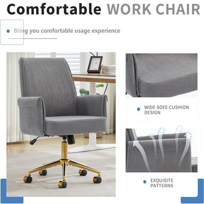 YITAI Stripes Velvet 360°Swivel Desk Chair, Modern Height Adjustable Home Office Armchair with Gold Base and Wheels for Vanity, Comfy Computer Chair for Study Living Room Bedroom（Gray） - color: Grey